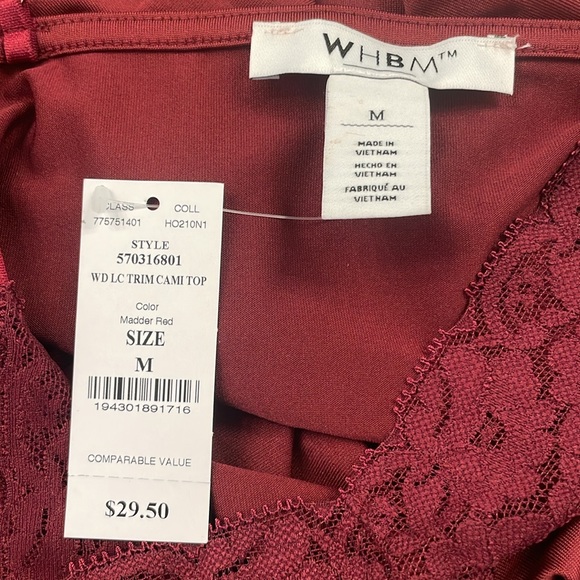 WHBM Burgundy Lace Trim Cami Top NWT - Picture 3 of 5